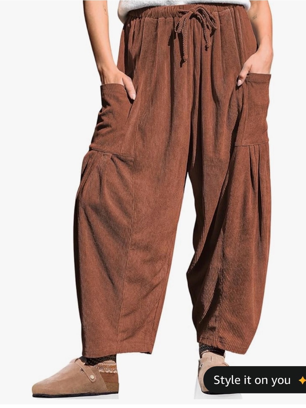 TARSE Womens Corduroy Pants Barrel Casual Loose Baggy Drawstring Wide Leg XXL